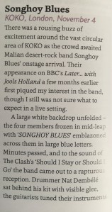 Live review of Songhoy Blues. Published in Songlines magazine.